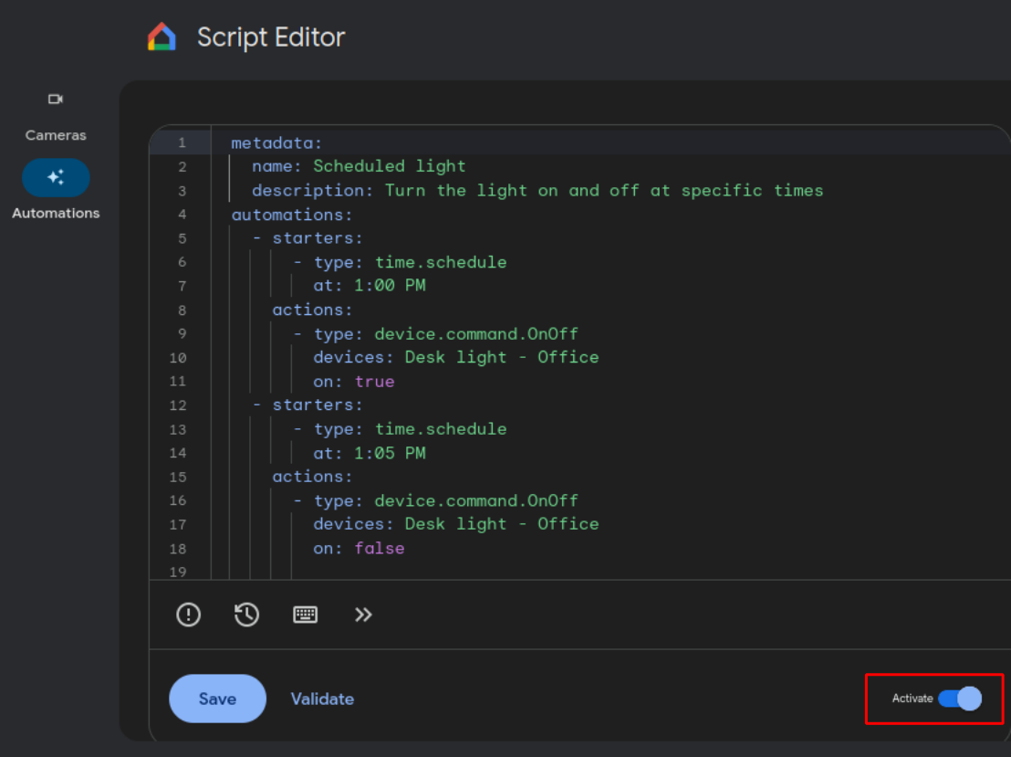 Script editor with fully-validated and activated scripted automation