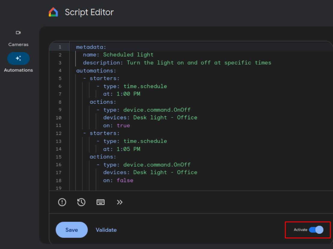 Script-Editor mit vollständig validierter und aktivierter scriptbasierter Automatisierung