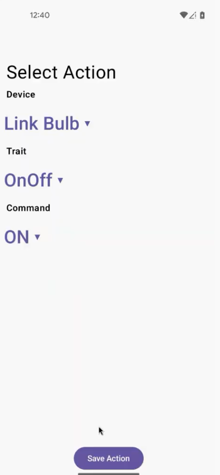 Sample app screen for adding an action for an automation.