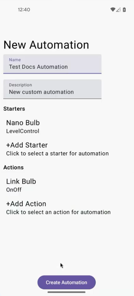 Sample app screen for creating an automation.