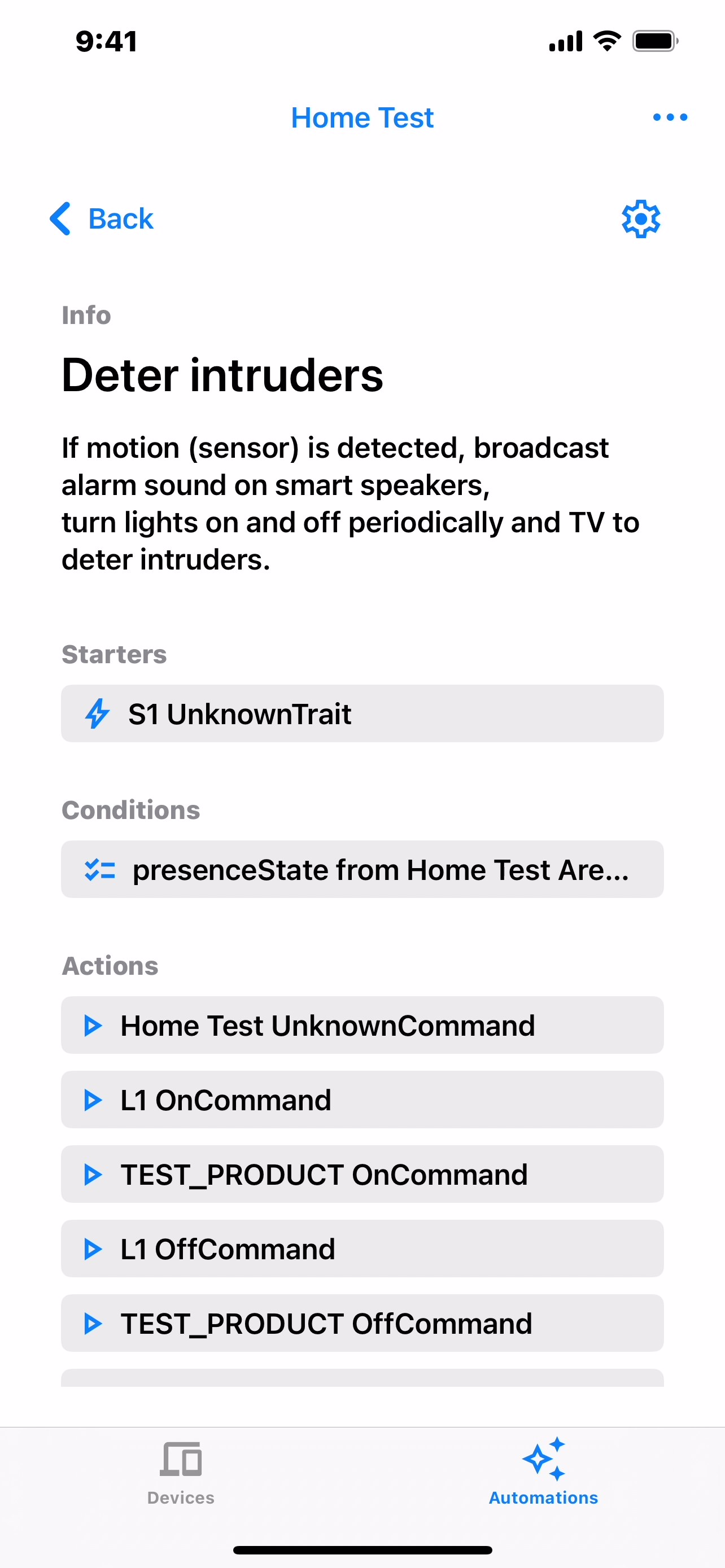 Visualização detalhada de uma automação selecionada.