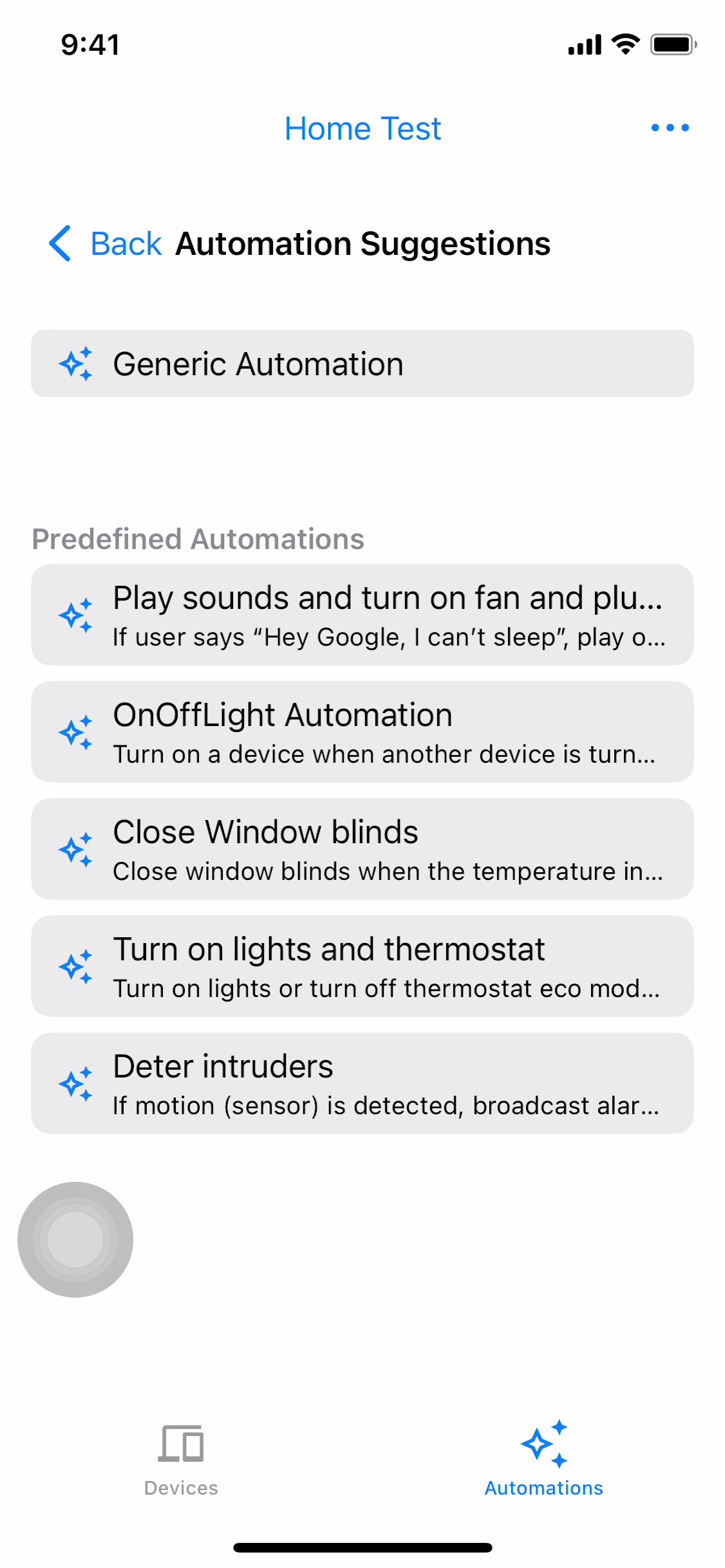 Pantalla de la app de ejemplo para las automatizaciones sugeridas