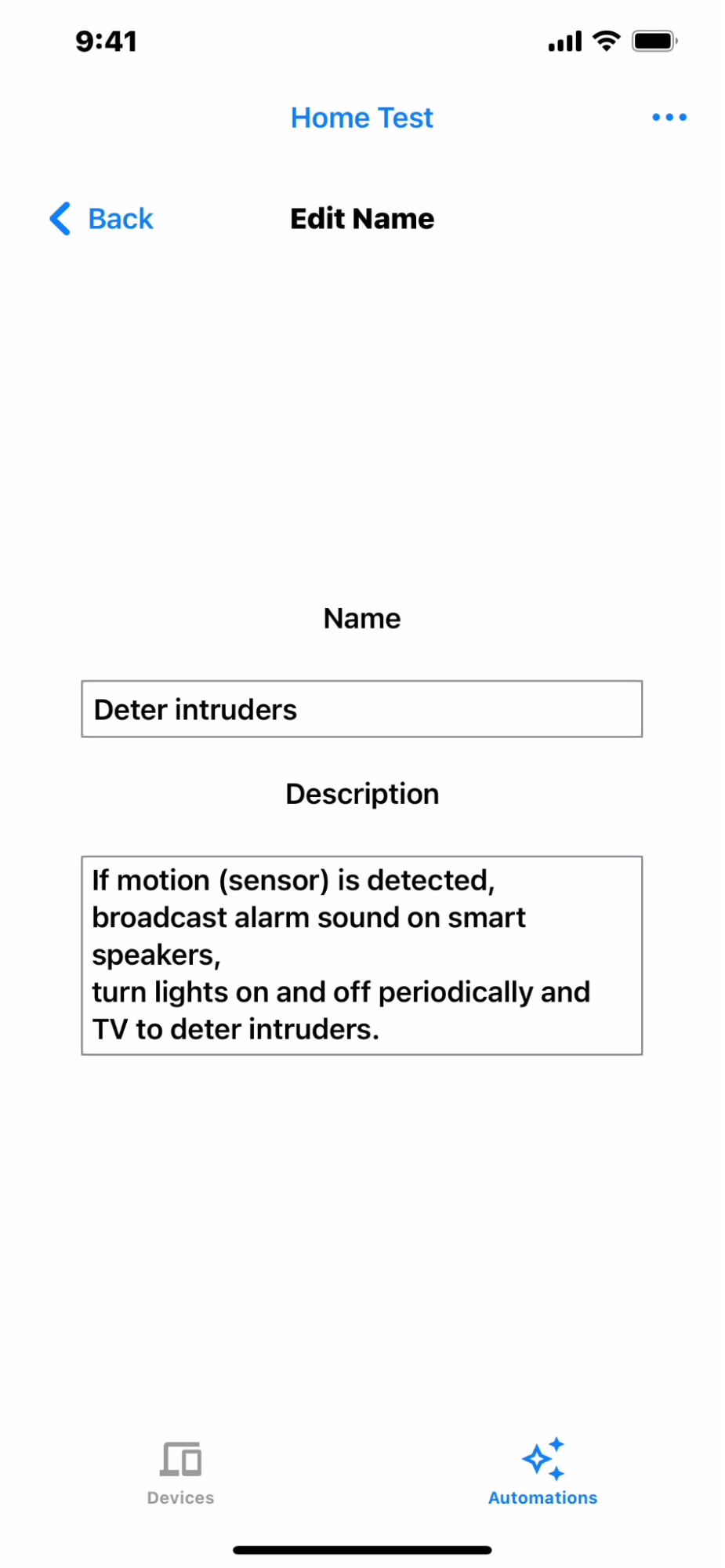 Tela de exemplo do app para editar o nome e a descrição da automação.