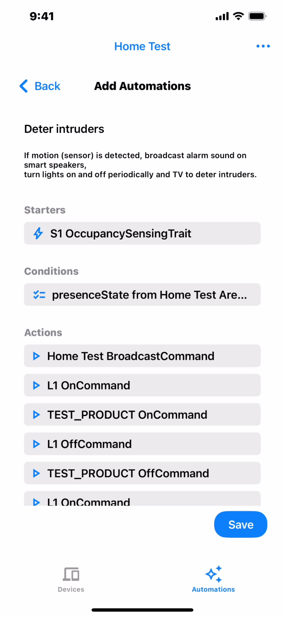 Exemplo de tela do app de automação.