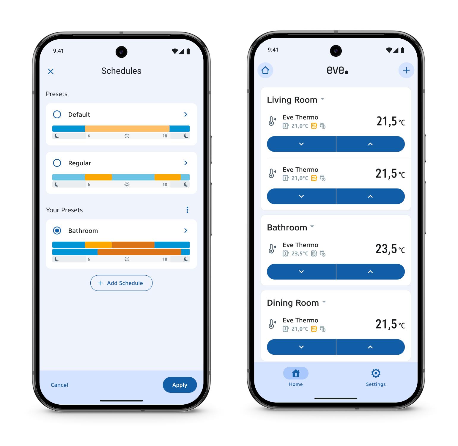 Bildschirme der Eve Thermo App