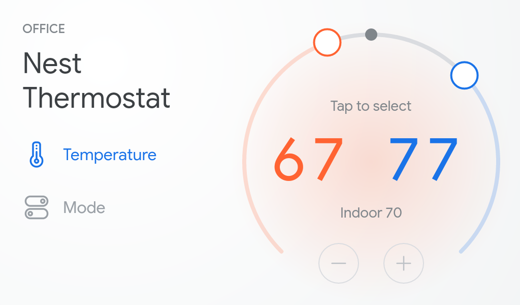 Esta imagen muestra controles de tacto para controlar la temperatura de un termostato desde la vista de pantalla completa en pantallas inteligentes con Asistente de Google