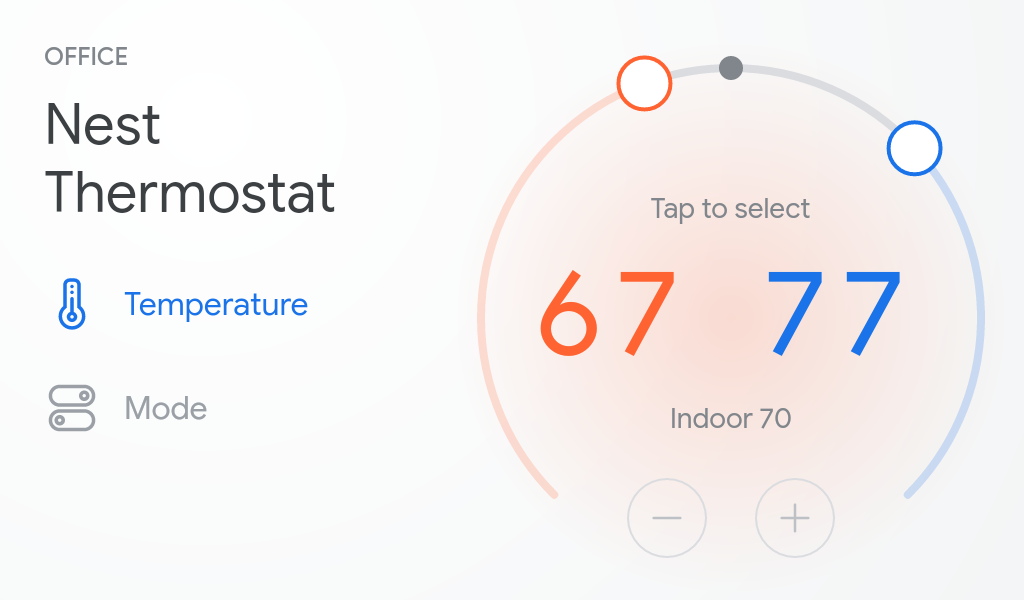 This image shows touch controls for controlling the temperature of a thermostat from the fullscreen view on Smart Displays with Google Assistant