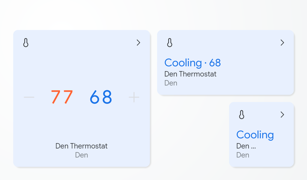 この画像は、Google アシスタント対応スマートディスプレイで、サーモスタットの温度を管理するためのタップ コントロールをタイル表示にしたものです。