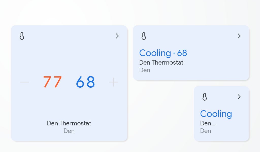 Esta imagen muestra los controles táctiles para controlar la temperatura de un termostato desde la vista en tarjetas de las pantallas inteligentes con Asistente de Google.