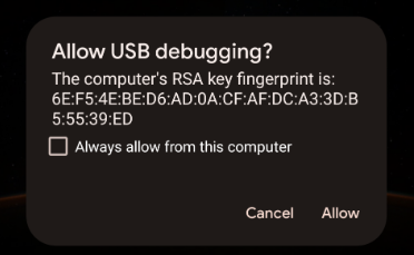 USB hata ayıklama istemi