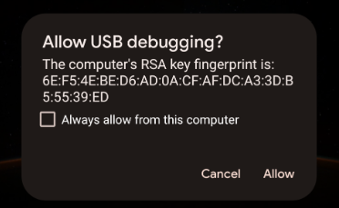 Mensaje de depuración por USB