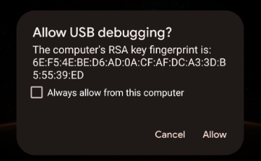 طلب تفعيل ميزة "تصحيح أخطاء الجهاز عبر USB"