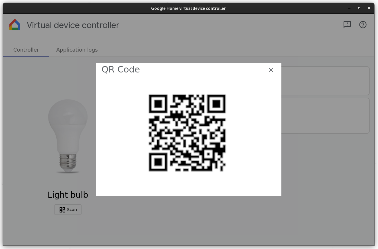 O Virtual Device Controller mostra o código QR do dispositivo
