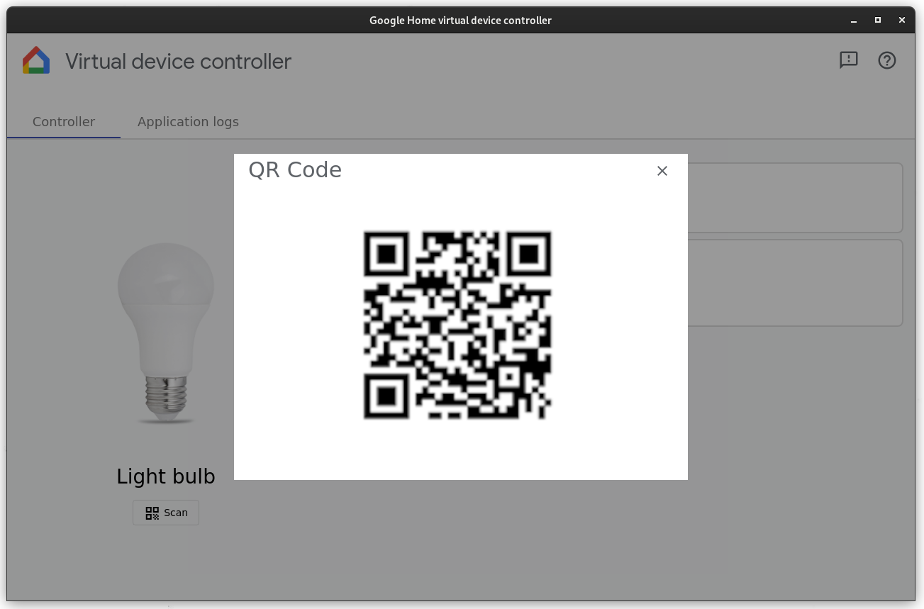 Controlador de dispositivo virtual mostrando o código QR do dispositivo