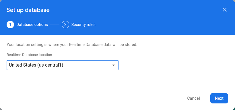 เมนูแบบเลื่อนลงของตำแหน่ง Realtime Database ในกล่องโต้ตอบตั้งค่าฐานข้อมูล 