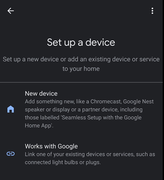The Set up a device page in the Google Home app