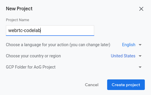 The New project dialog in the Actions console