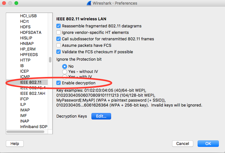 Preferências do Wireshark para Mac