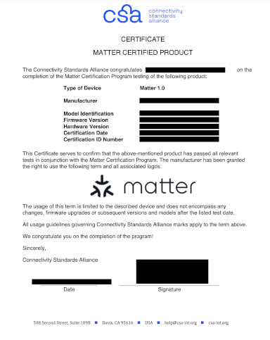 Matter Certification