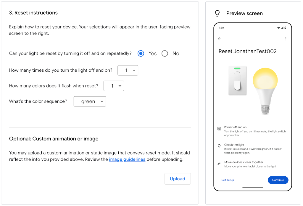 Écran permettant de configurer la réinitialisation de l'appareil.
