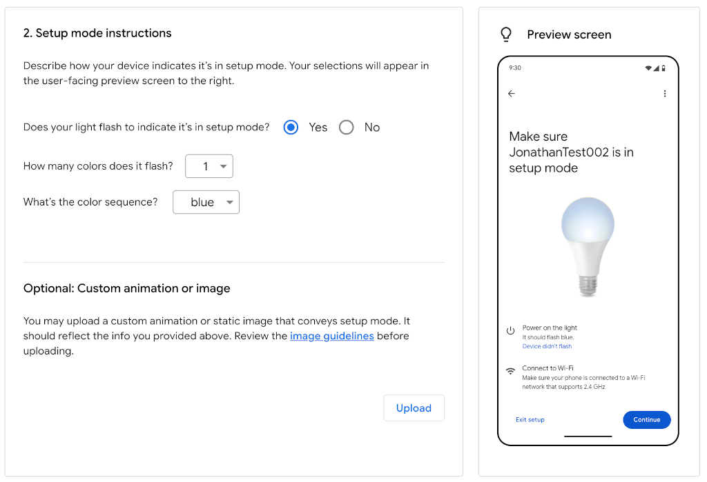Tela para configurar o dispositivo.