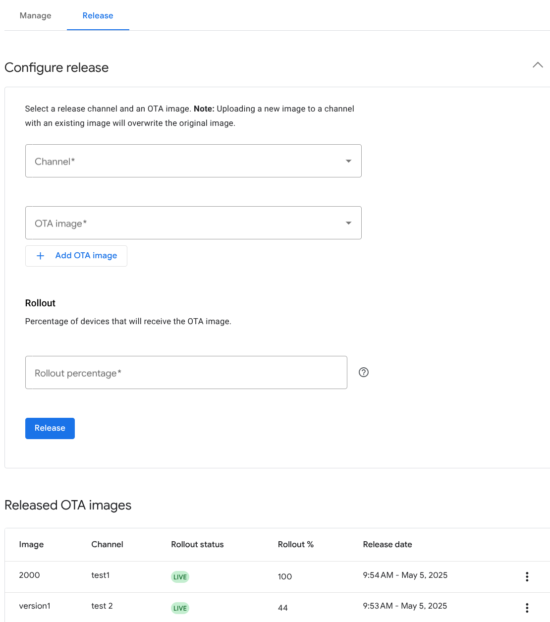 La imagen OTA se lanzó a un canal de prueba.