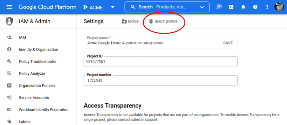 Tela de configurações do projeto do Google Cloud