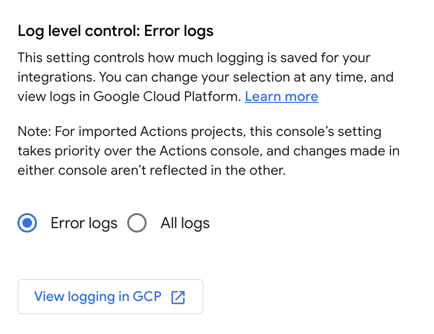 Google Home Developer Center project log levels