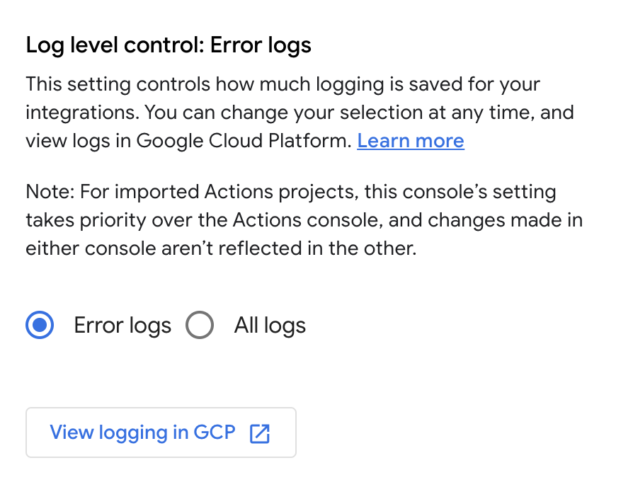 Niveles de registro del proyecto del Centro para desarrolladores de Google Home