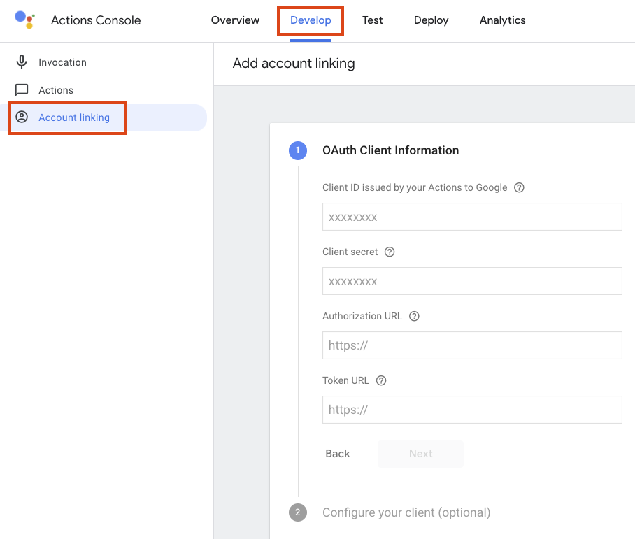 Scheda Collegamento degli account nella console Actions