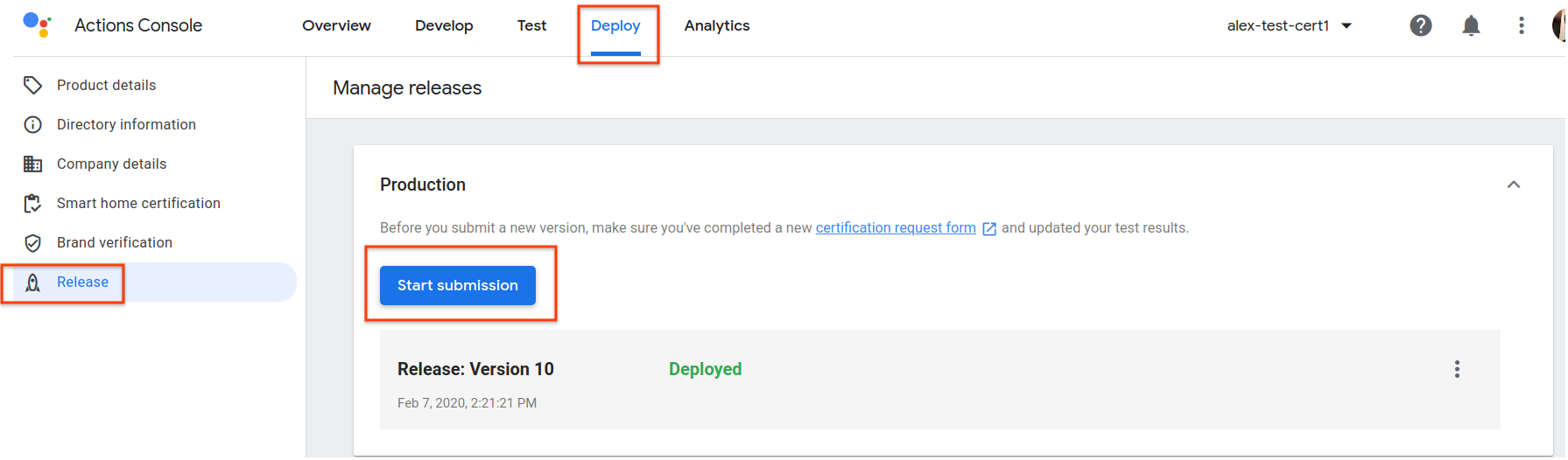 User interface for submitting a smart home Action using the Actions
           console.