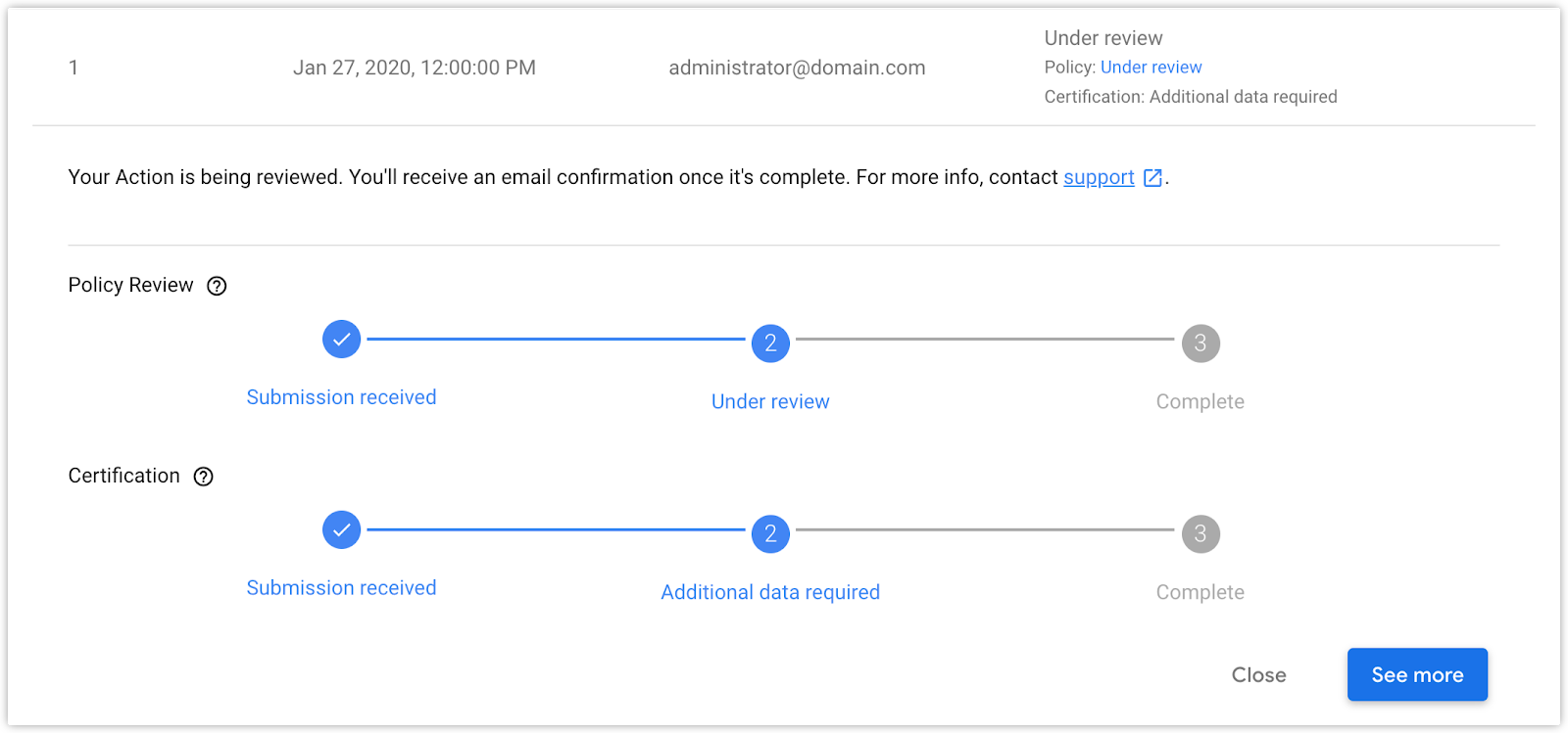 User interface for checking your smart home Action submission
           status.