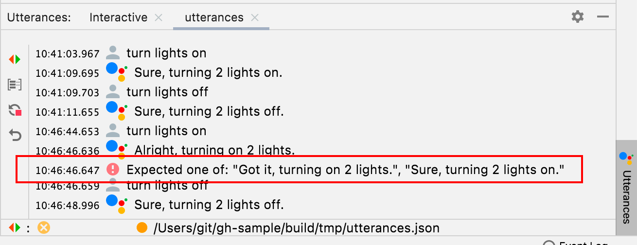 Chạy Utterance bằng Trình mô phỏng Trợ lý