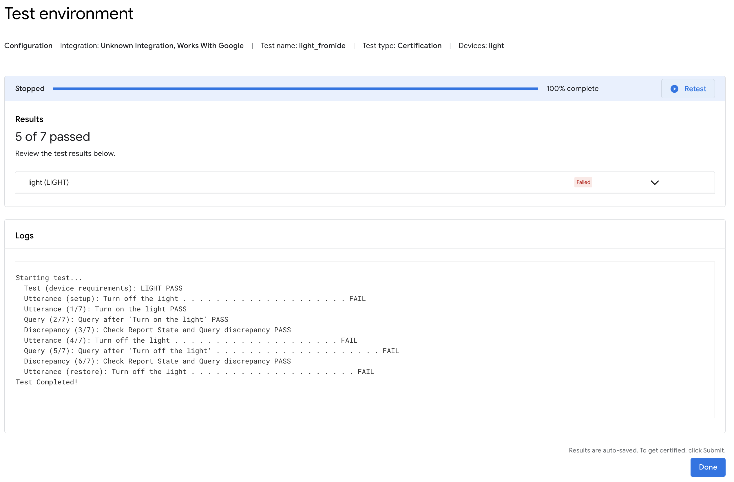 Tests terminés dans Home Graph