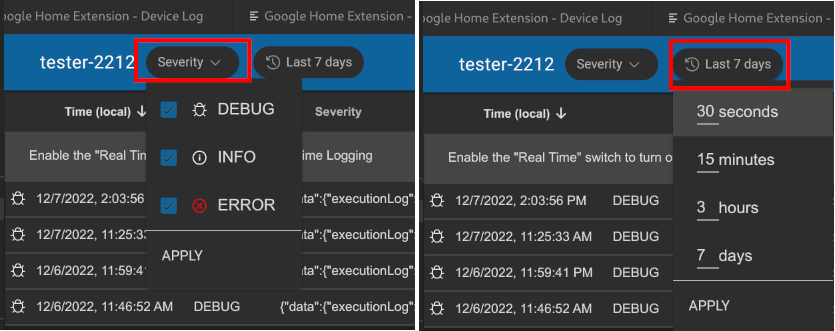 Filter logs by severity and time