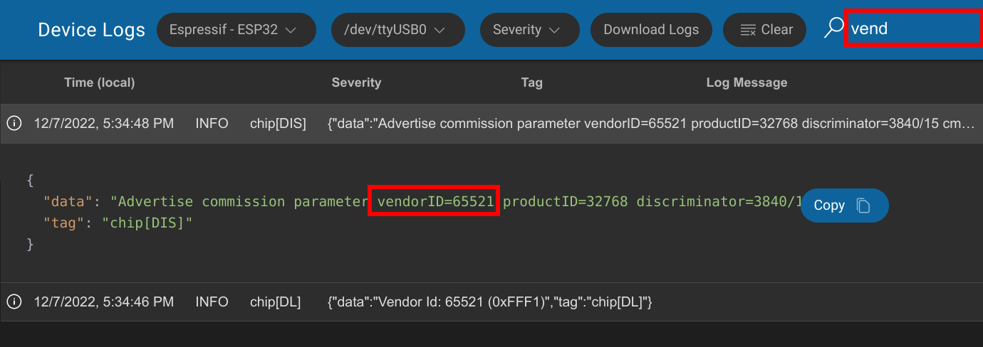 Logging yang difilter perangkat Matter