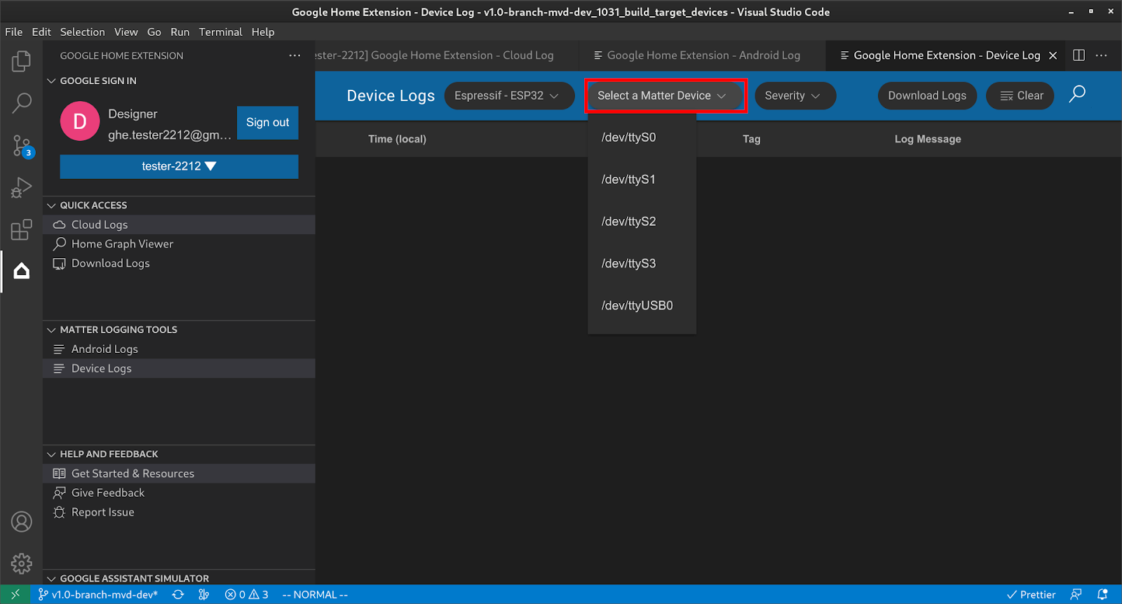 Selezione del dispositivo Matter in logging