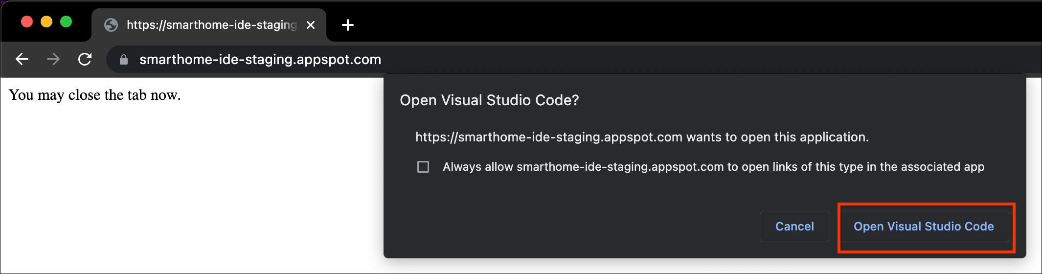 Open VS Code dialog box