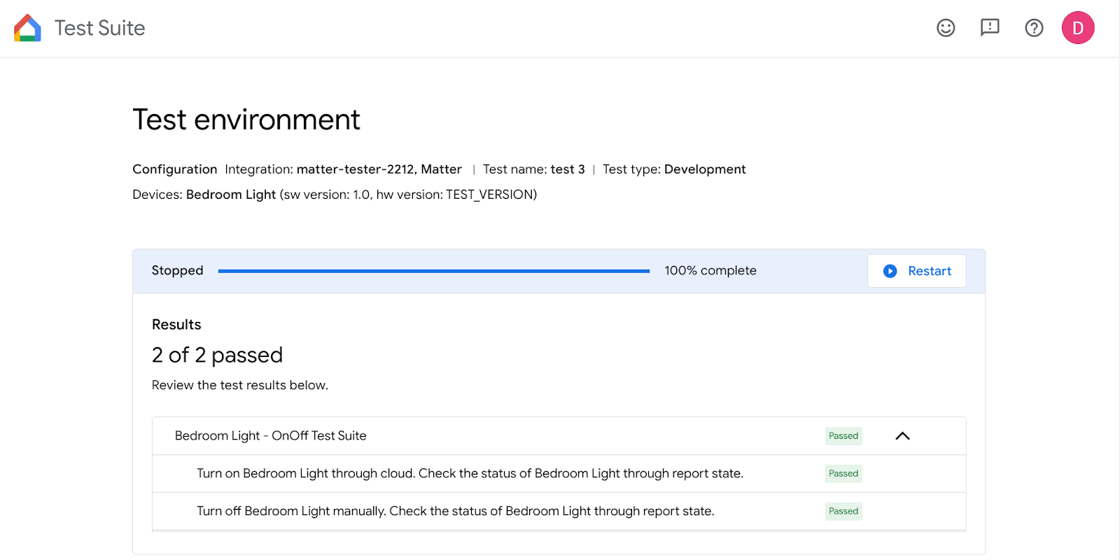 Suite de tests Google Home