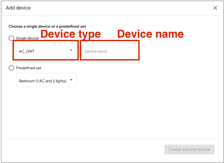 This figure shows the UX tool for adding a new device type in
            Google Home Playground.