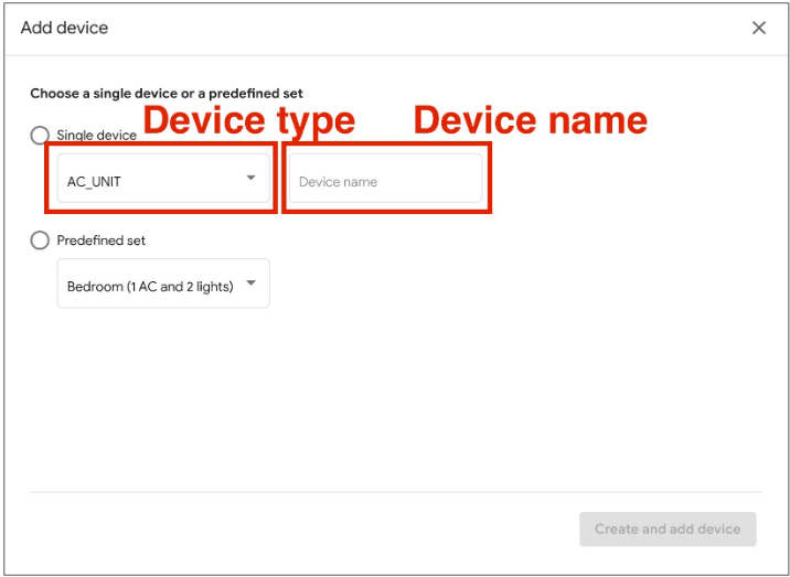 En esta imagen, se muestra la herramienta de UX para agregar un nuevo tipo de dispositivo en Google Home Playground.