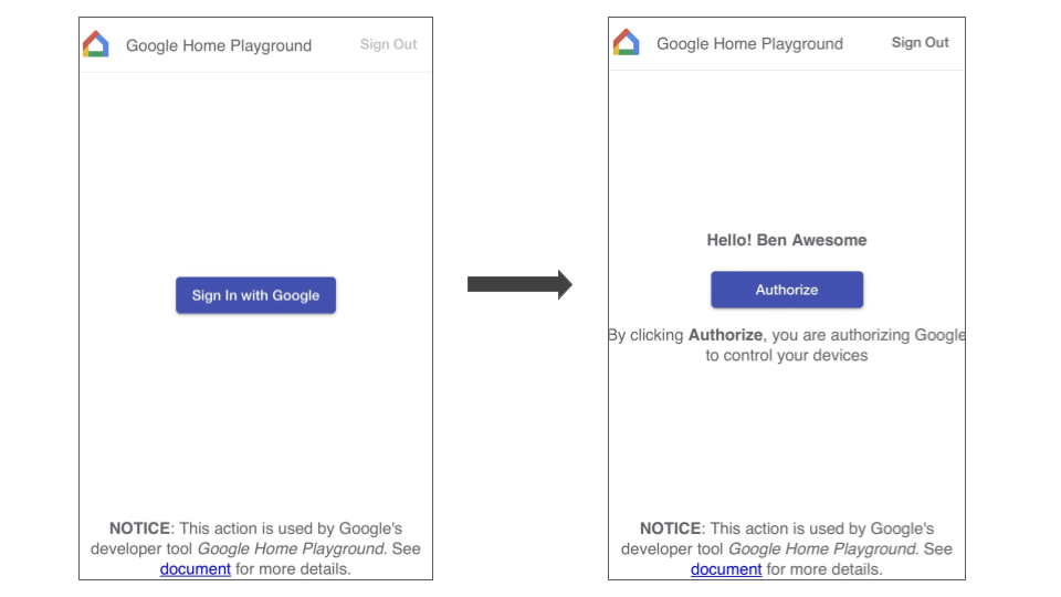 Diese Abbildung zeigt den Kontoverknüpfungsvorgang zur Google Home App für die Verbindung mit Google Home Playground.