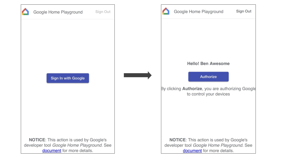 Cette figure montre le flux d&#39;association de compte dans l&#39;application Google Home pour associer Google Home Playground.