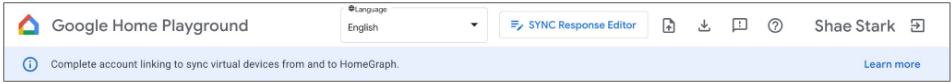 Cette figure montre comment Google Home Playground indique comment associer un compte pour synchroniser les appareils virtuels depuis et vers Home Graph.