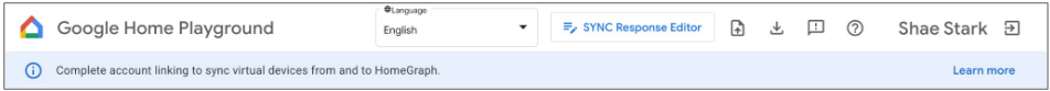 Cette figure montre comment Google Home Playground indique comment associer un compte pour synchroniser les appareils virtuels depuis et vers HomeGraph.