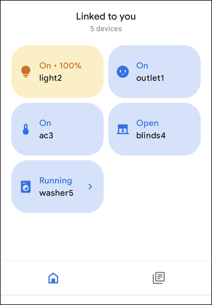 這張圖片顯示使用者成功將 Google Home Playground 連結至帳戶後，系統會填入的預設裝置清單。