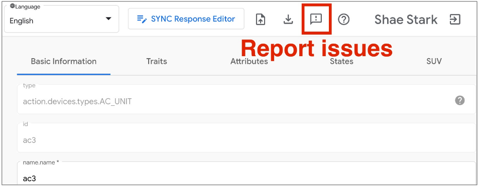 Gambar ini menunjukkan ikon untuk memberikan masukan dan melaporkan masalah di Google Home Playground.