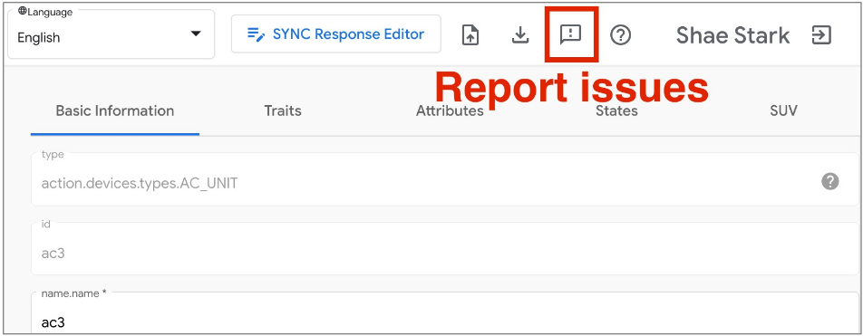 Esta figura mostra os ícones para enviar feedback e informar
       problemas no Google Home Playground.