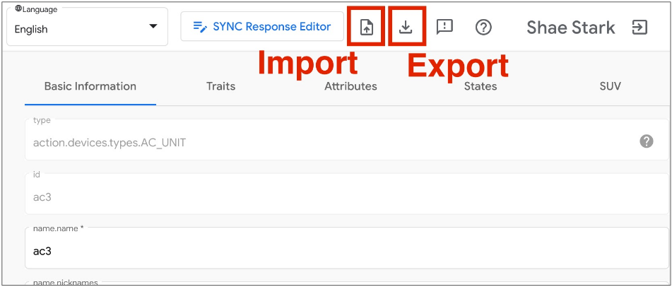 На этом рисунке показан инструмент UX для импорта и экспорта виртуальных устройств в Google Home Playground.