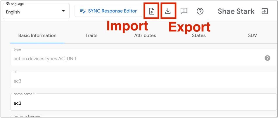 This figure shows the UX tool for importing and exporting virtual
            devices in Google Home Playground.